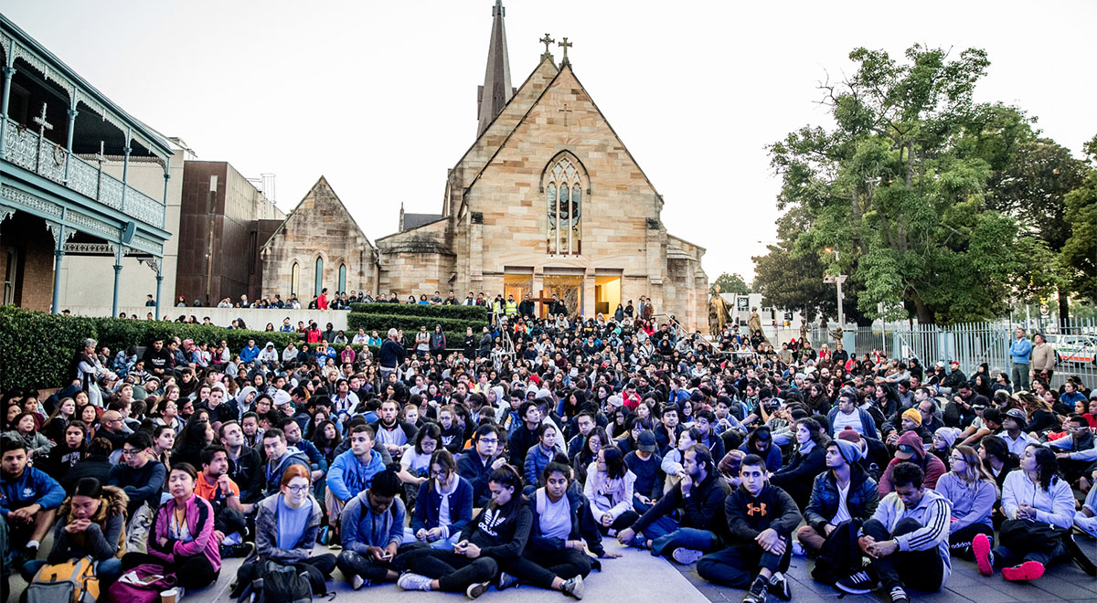 Good Friday Walk. Students are outside St Patrick's Cathedral, Parramatta