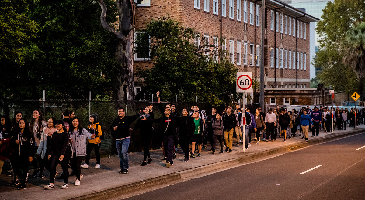 Good Friday Walk. Students are walking through Parramatta